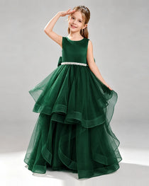 Dark Green Pageant Dress Sleeveless Rhinestone Belt Layered Tulle Princess Gown Front View