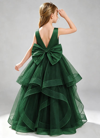 Dark Green Flower Girl Dress Layered Tulle Princess Ball Gown Back View