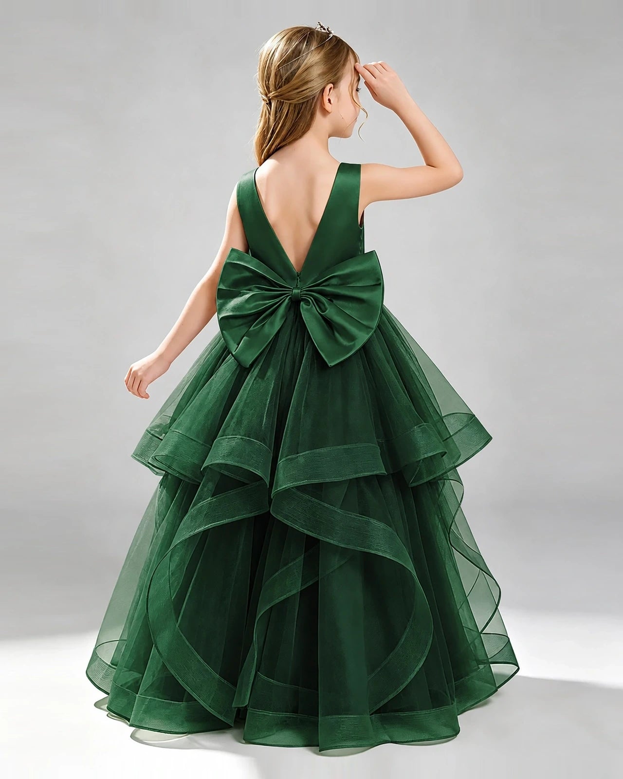 Dark Green Tulle Ball Gown Pageant Dress Back View