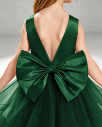 Dark Green Pageant Dress Sleeveless Rhinestone Belt Layered Tulle Princess Gown Back View