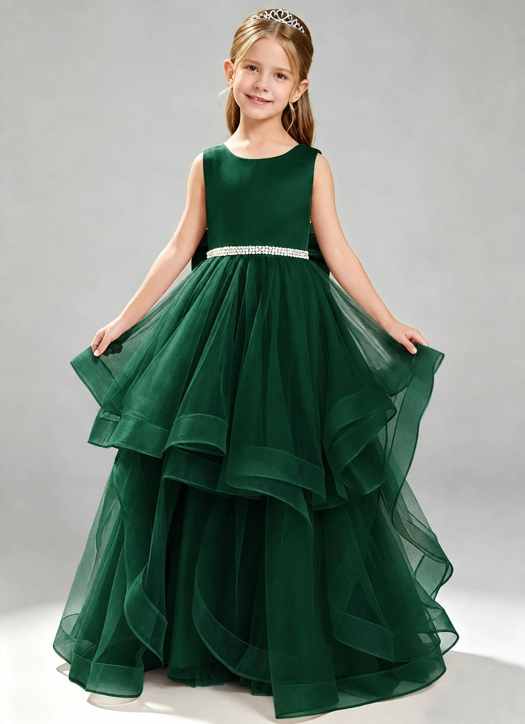Dark Green Flower Girl Dress Layered Tulle Princess Ball Gown Front View