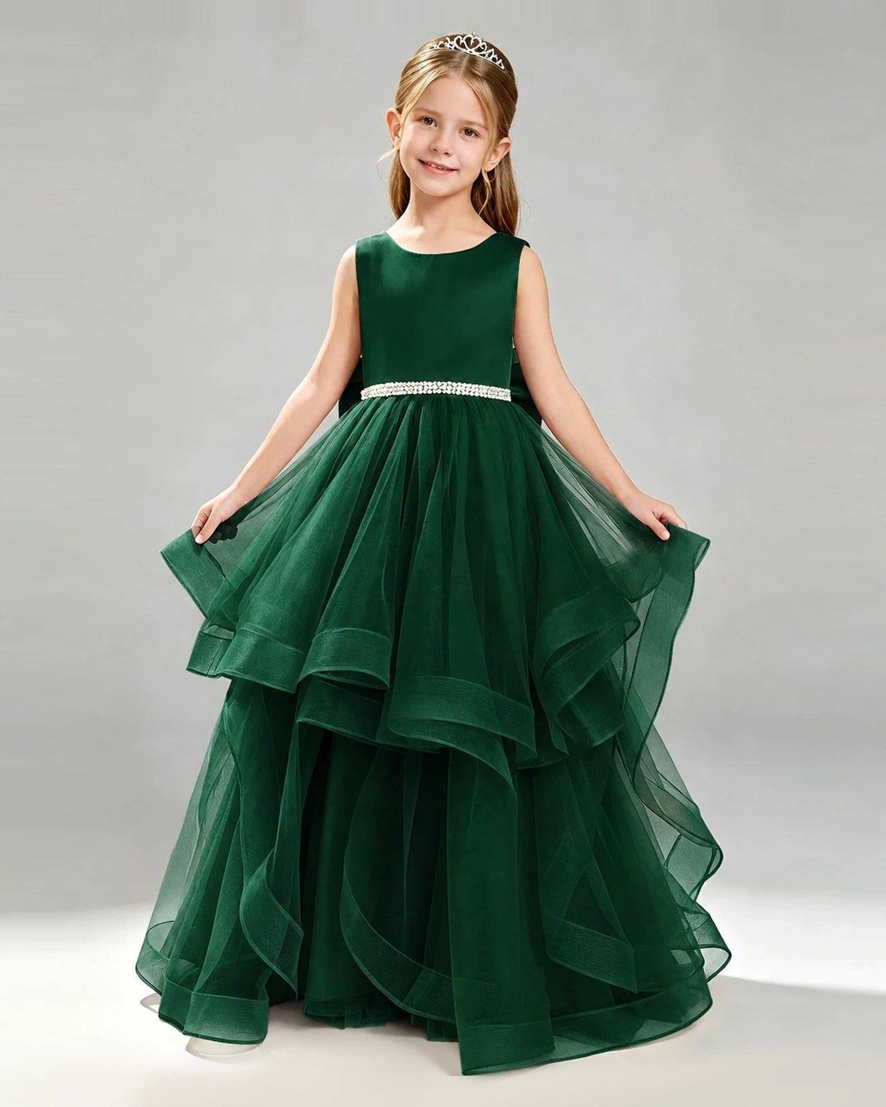 Dark Green Tulle Ball Gown Pageant Dress Front View
