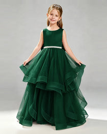 Dark Green Pageant Dress Sleeveless Rhinestone Belt Layered Tulle Princess Gown Front View