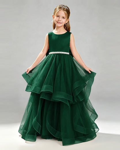 Dark Green Tulle Ball Gown Pageant Dress Front View