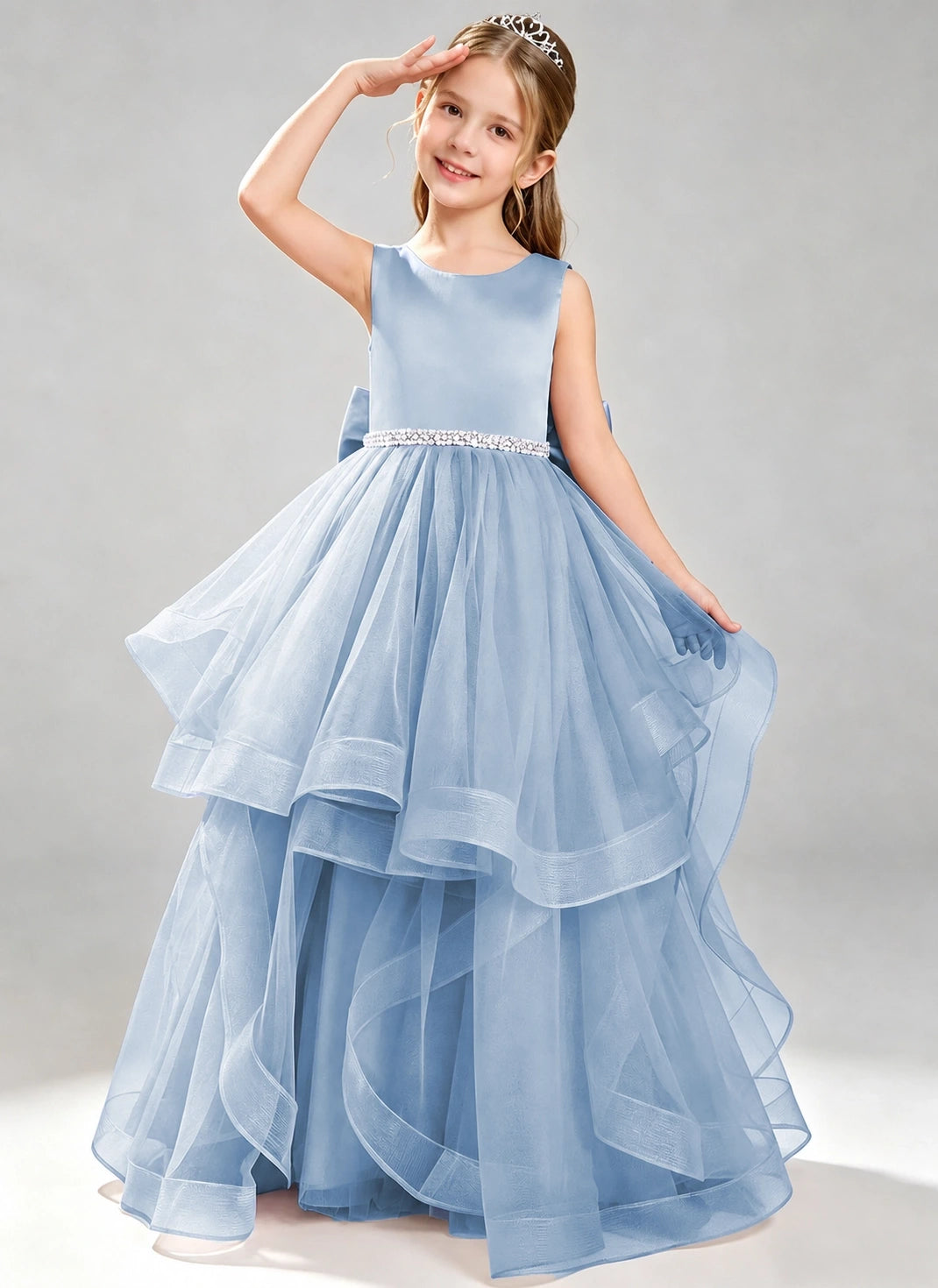 Dusty Blue Flower Girl Dress Layered Tulle Princess Ball Gown Front View