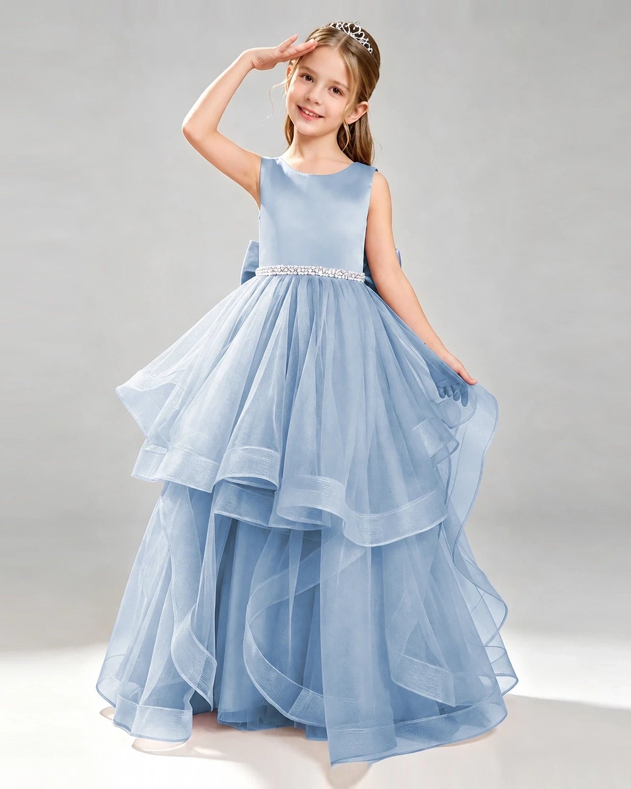 Dusty Blue Organza A-line Pageant Dress Front View