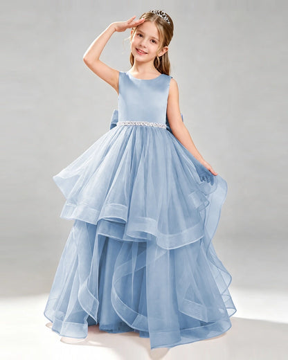 Dusty Blue Organza A-line Pageant Dress Front View
