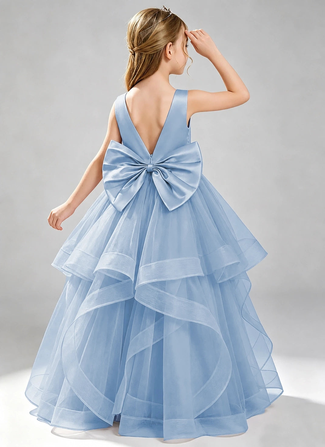Dusty Blue Flower Girl Dress Layered Tulle Princess Ball Gown Back View