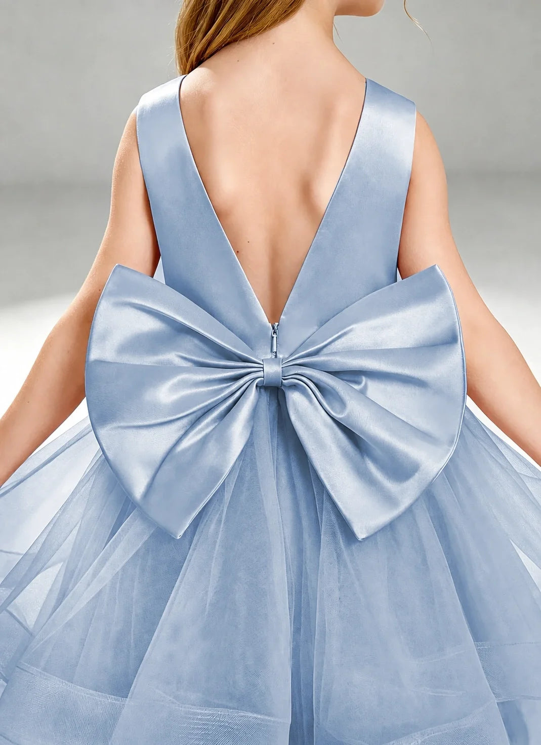 Dusty Blue Flower Girl Dress Layered Tulle Princess Ball Gown Detail View