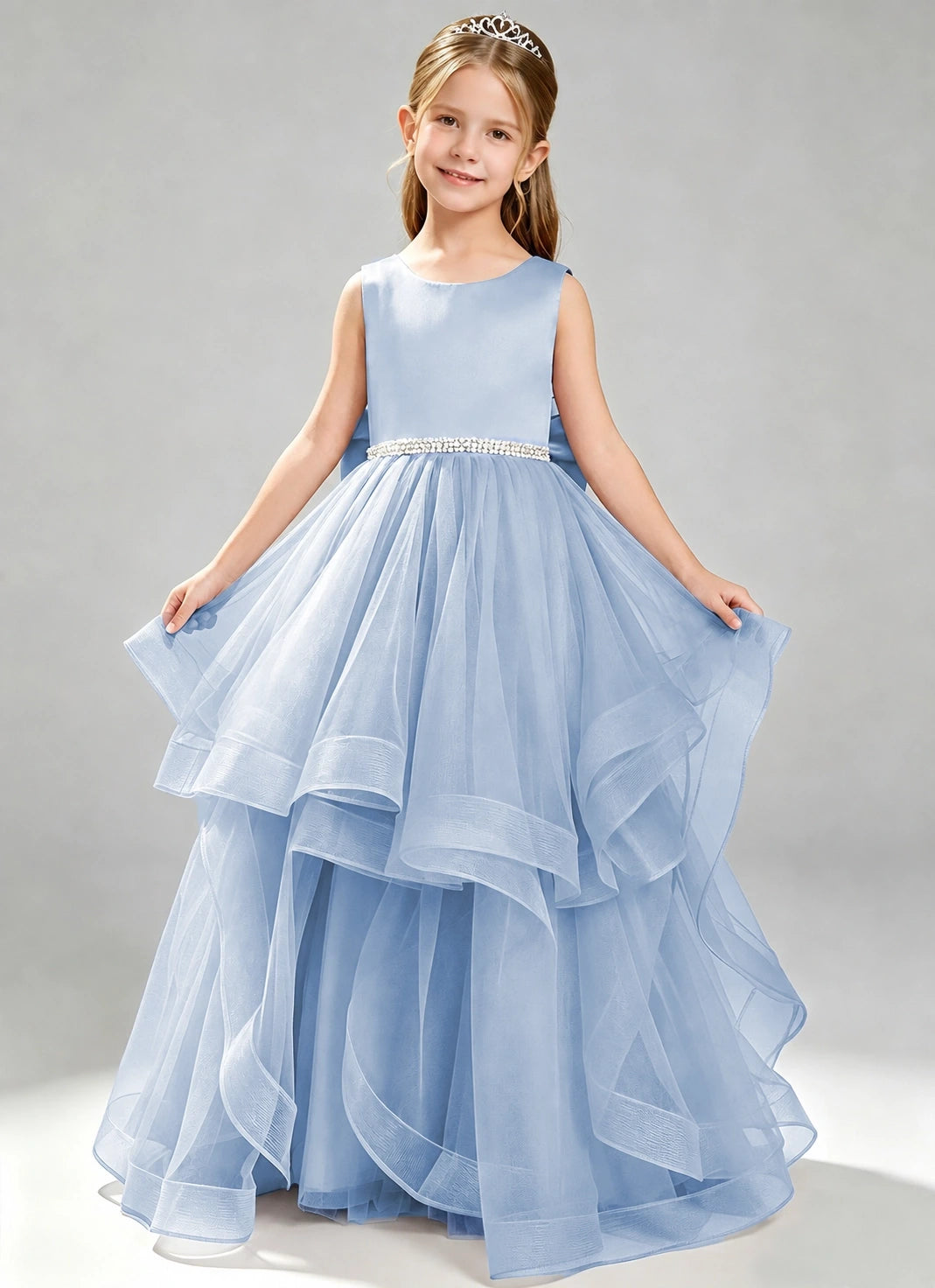 Dusty Blue Flower Girl Dress Layered Tulle Princess Ball Gown Front View