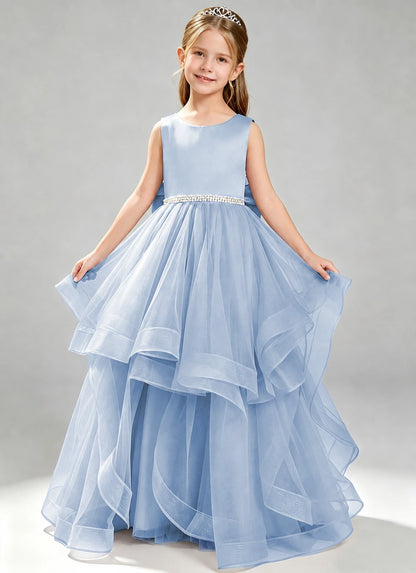 Dusty Blue Flower Girl Dress Layered Tulle Princess Ball Gown Front View