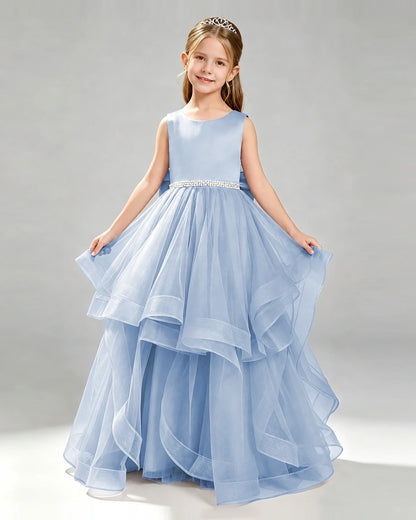 Dusty Blue Tulle A-line Pageant Dress Front View