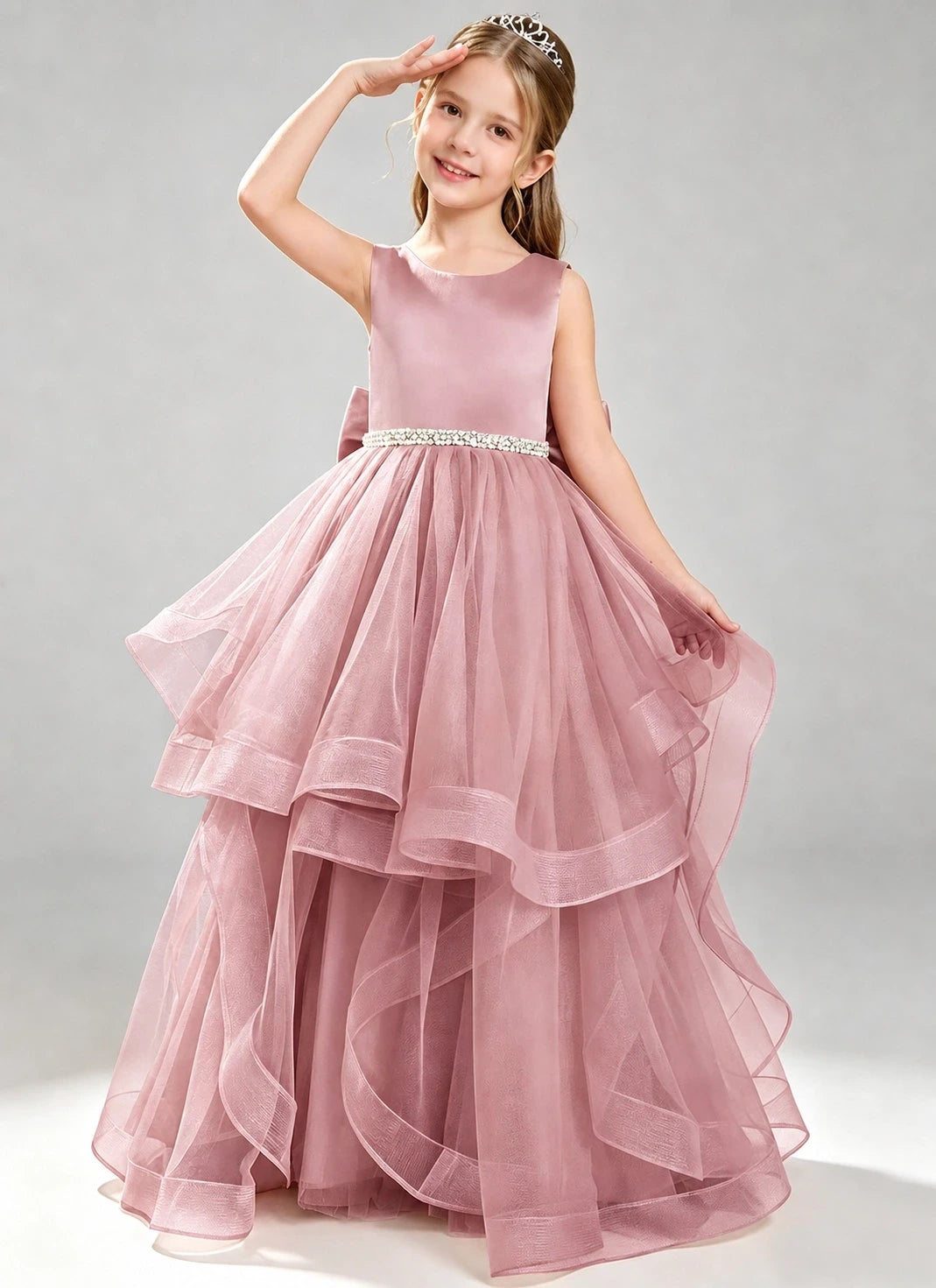 Dusty Rose Flower Girl Dress Layered Tulle Princess Ball Gown Front View