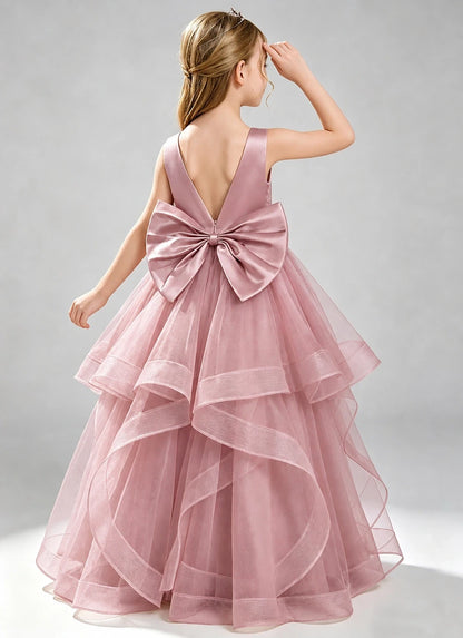 Dusty Rose Flower Girl Dress Layered Tulle Princess Ball Gown Back View