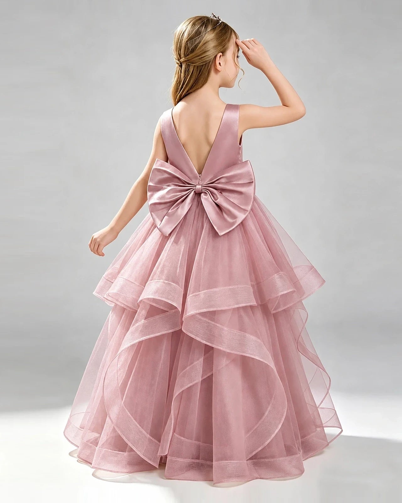 Dusty Rose Tulle Ball Gown Pageant Dress Back View