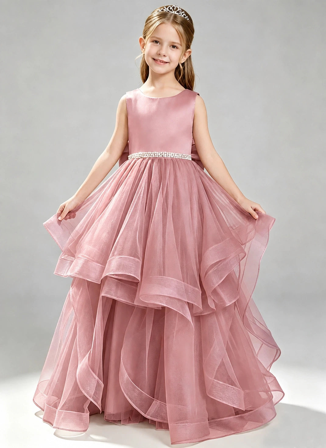 Dusty Rose Flower Girl Dress Layered Tulle Princess Ball Gown Front View