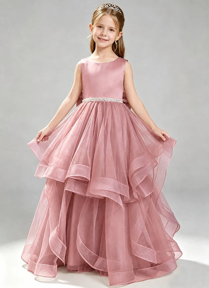 Dusty Rose Flower Girl Dress Layered Tulle Princess Ball Gown Front View