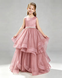 Dusty Rose Pageant Dress Sleeveless Rhinestone Belt Layered Tulle Princess Gown Front View