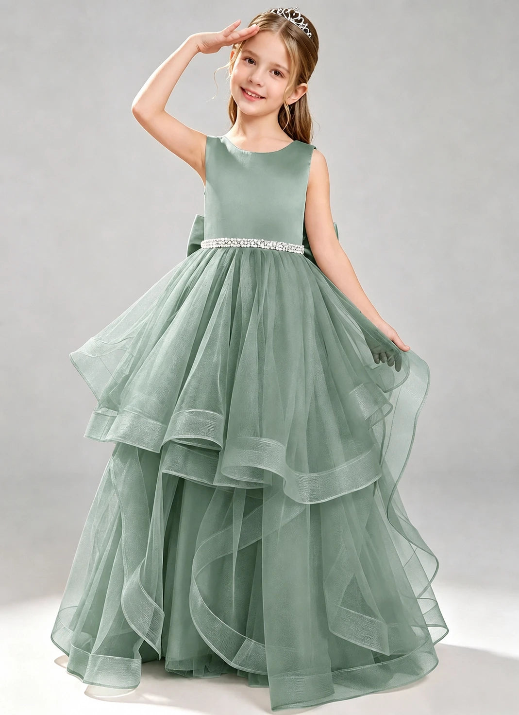 Eucalyptus Flower Girl Dress Layered Tulle Princess Ball Gown Front View