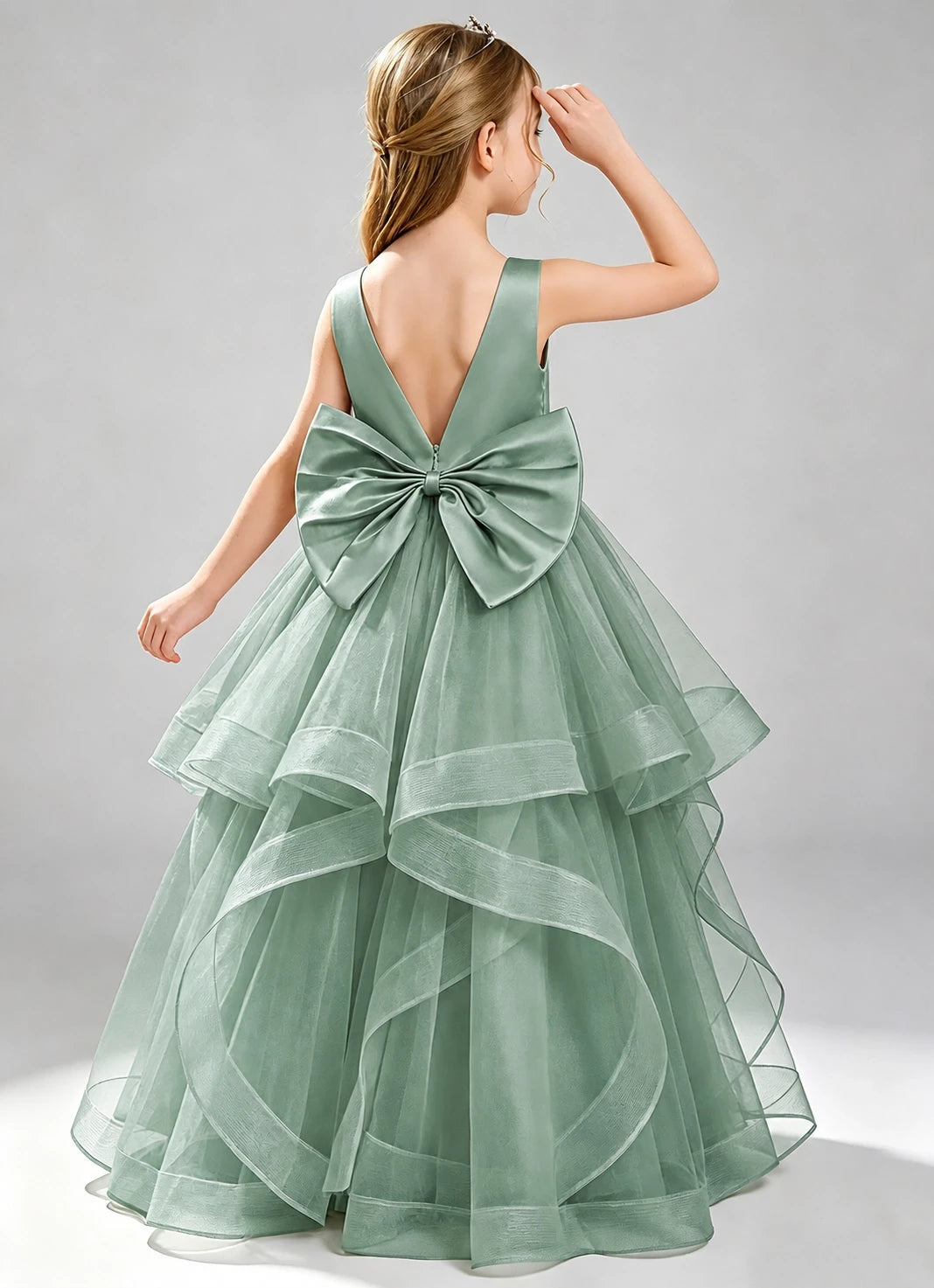 Eucalyptus Flower Girl Dress Layered Tulle Princess Ball Gown Back View