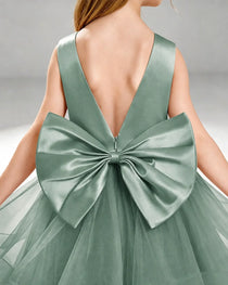 Eucalyptus Pageant Dress Sleeveless Rhinestone Belt Layered Tulle Princess Gown Back View