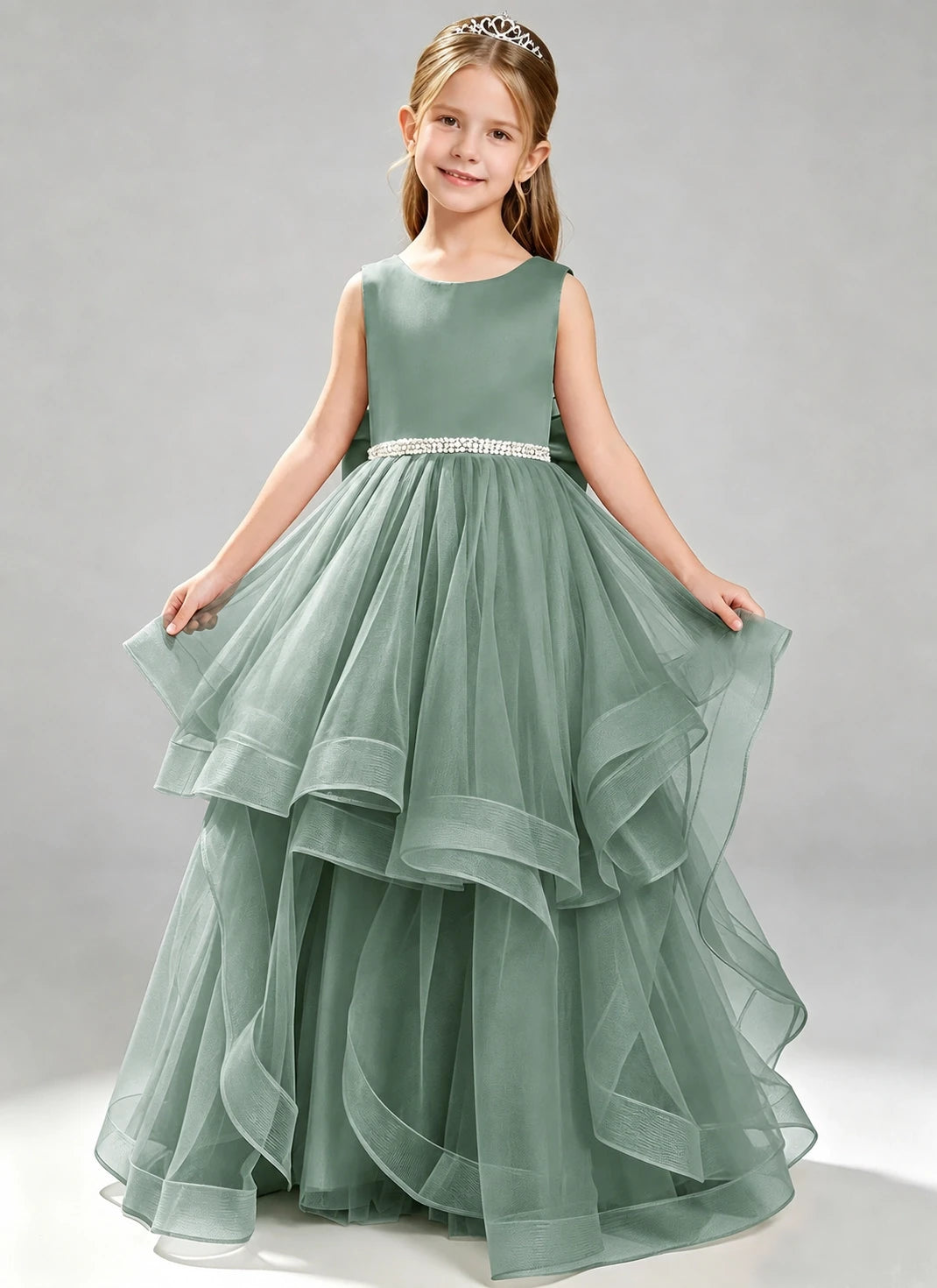 Eucalyptus Flower Girl Dress Layered Tulle Princess Ball Gown Front View