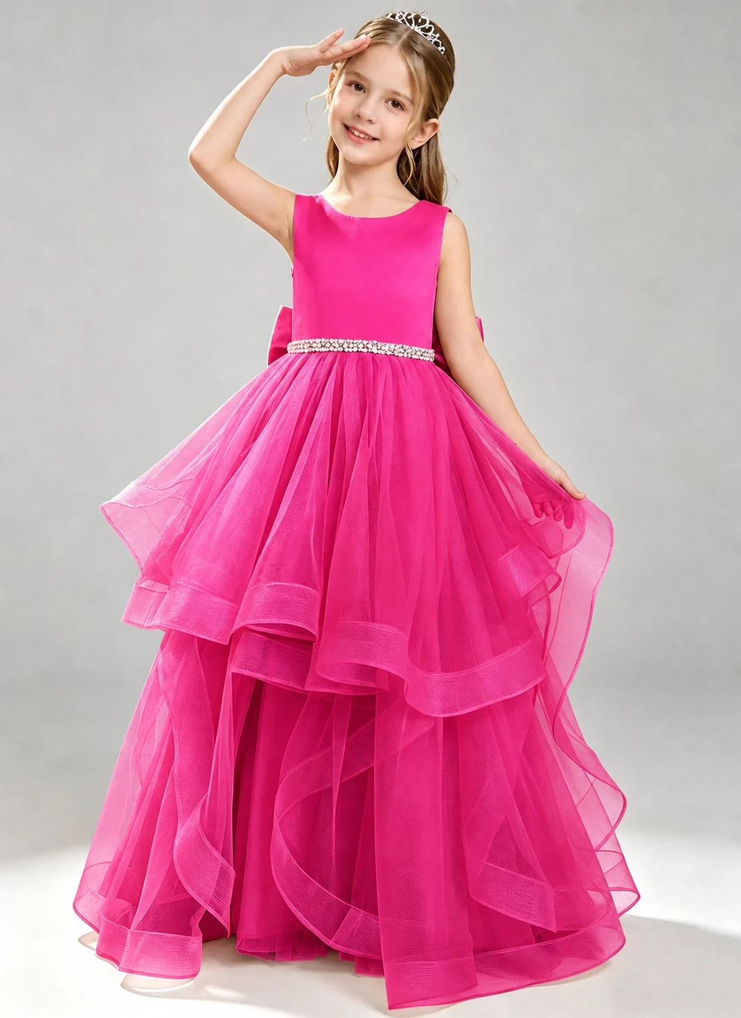 Hot Pink Flower Girl Dress Layered Tulle Princess Ball Gown Front View