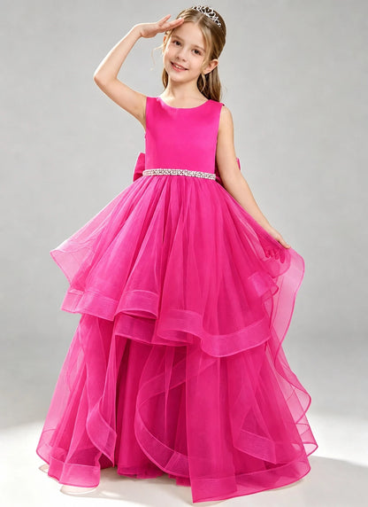Hot Pink Flower Girl Dress Layered Tulle Princess Ball Gown Front View
