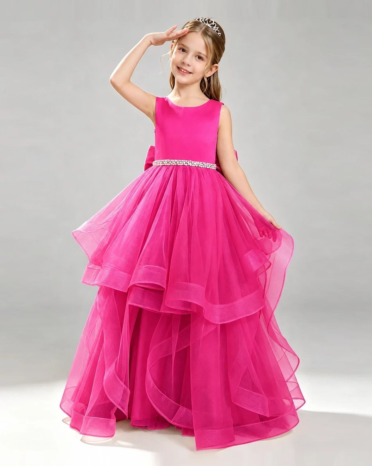 Hot Pink Tulle Ball Gown Pageant Dress Front View