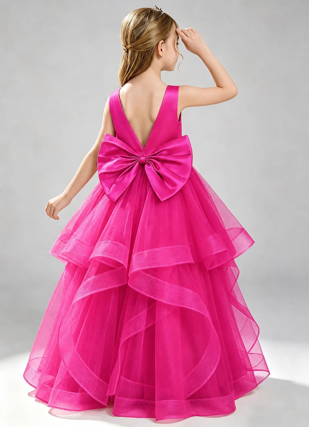 Hot Pink Flower Girl Dress Layered Tulle Princess Ball Gown Back View