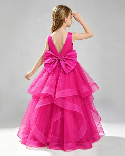 Hot Pink Tulle Ball Gown Pageant Dress Back View
