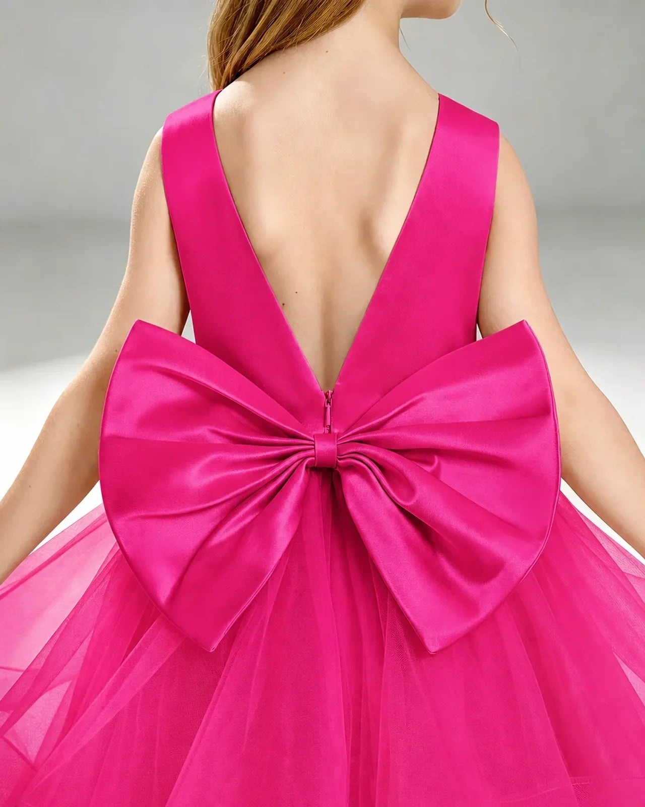 Hot Pink Tulle Ball Gown Pageant Dress Back View