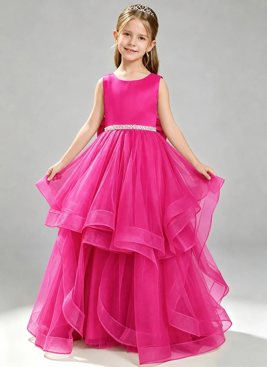 Hot Pink Flower Girl Dress Layered Tulle Princess Ball Gown Front View