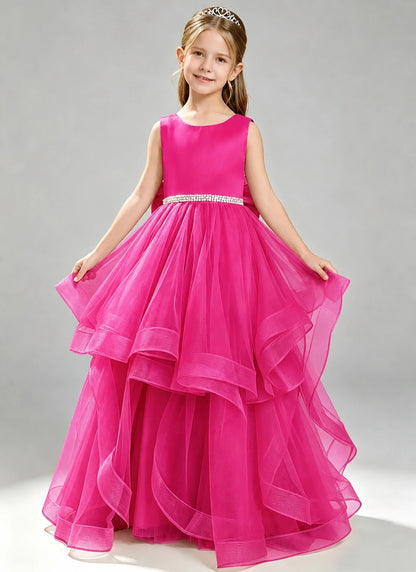 Hot Pink Flower Girl Dress Layered Tulle Princess Ball Gown Front View