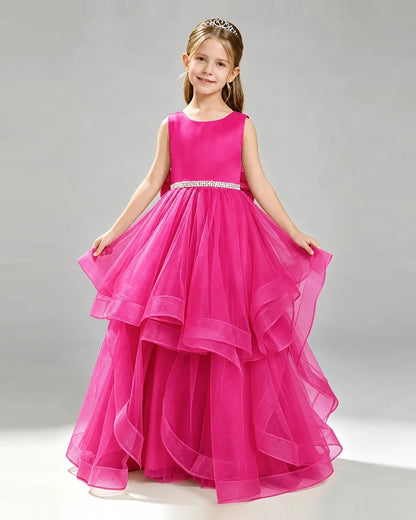 Hot Pink Tulle Ball Gown Pageant Dress Front View
