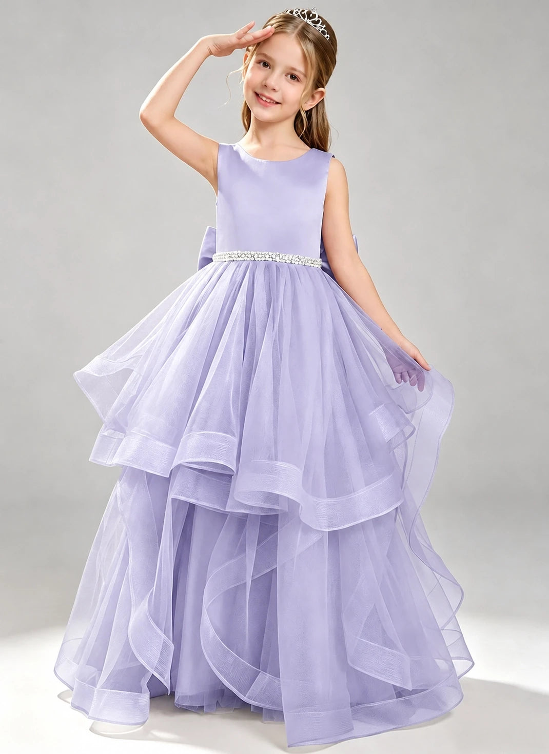 Lavender Flower Girl Dress Layered Tulle Princess Ball Gown Front View