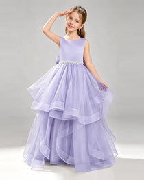 Lavender Pageant Dress Sleeveless Rhinestone Belt Layered Tulle Princess Gown Front View
