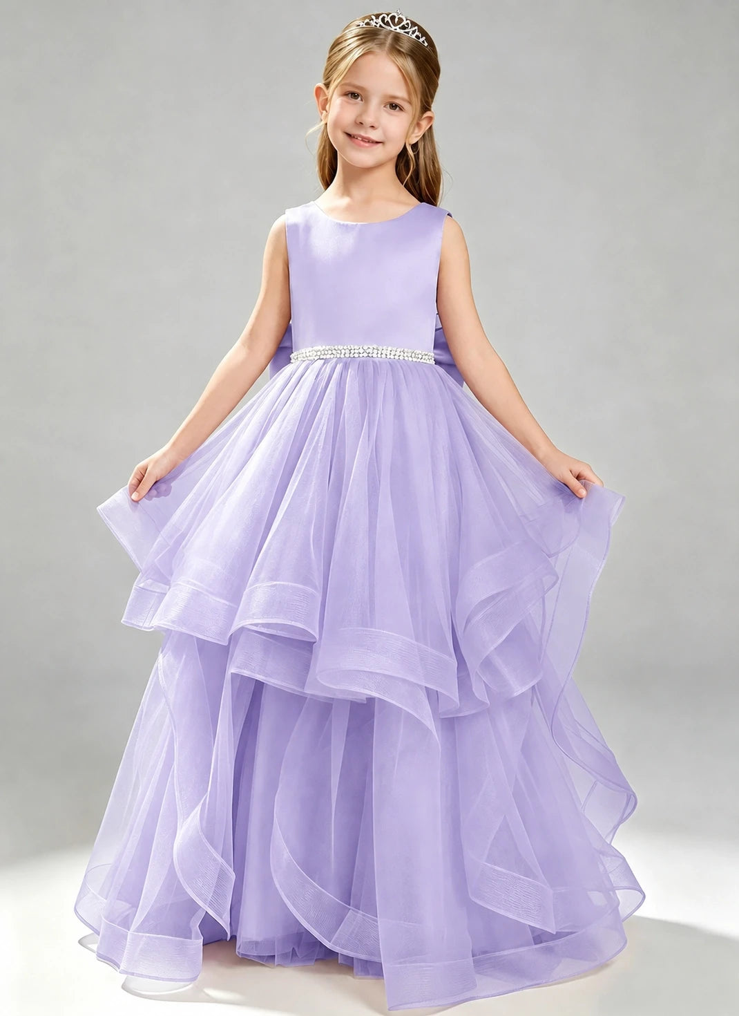 Lavender Flower Girl Dress Layered Tulle Princess Ball Gown Front View