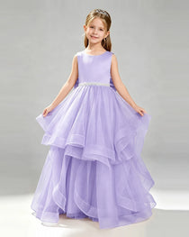 Lavender Pageant Dress Sleeveless Rhinestone Belt Layered Tulle Princess Gown Front View