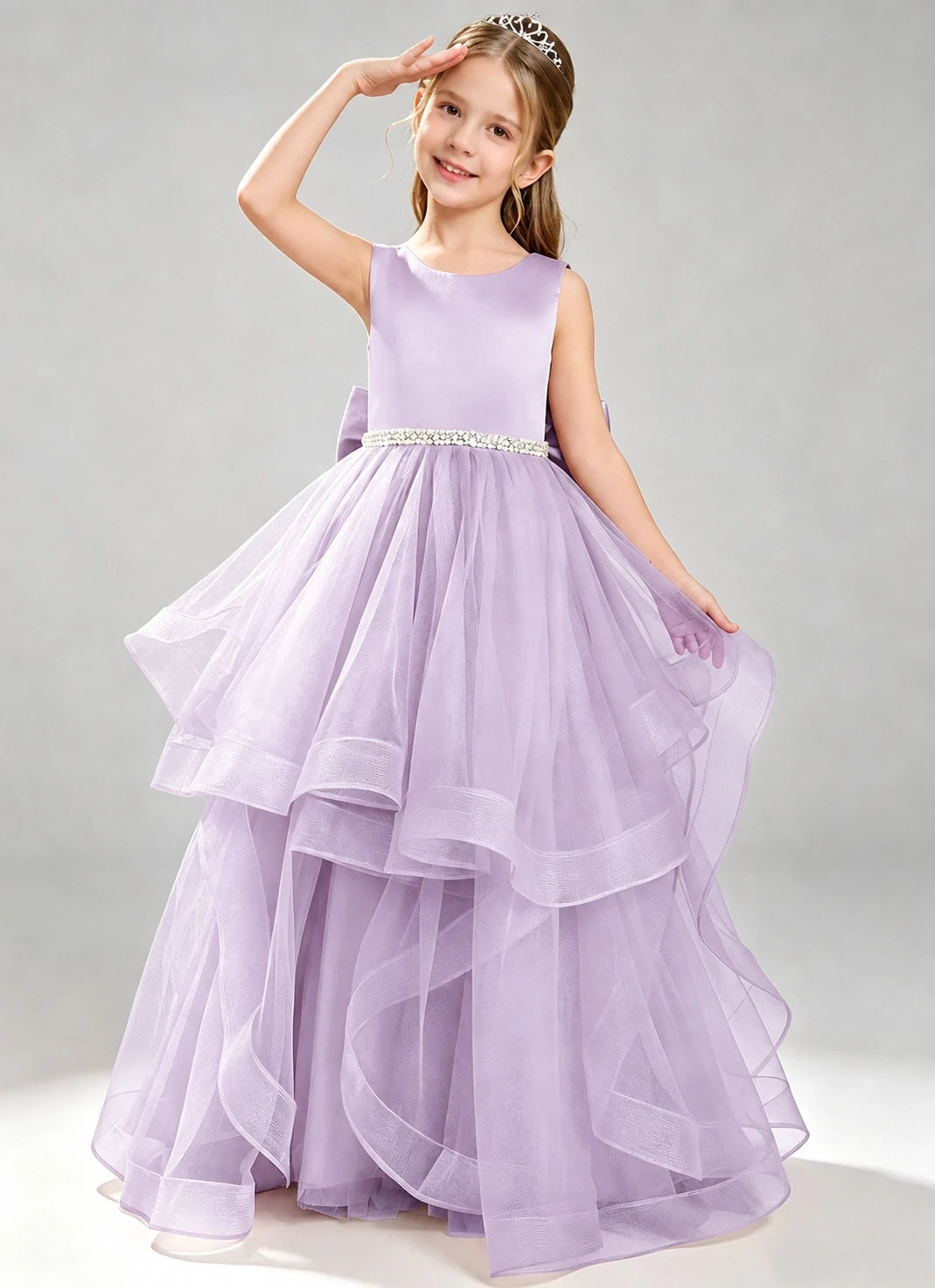 Lilac Flower Girl Dress Layered Tulle Princess Ball Gown Front View