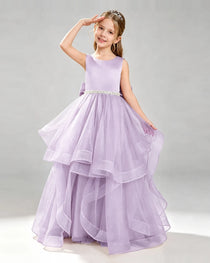 Lilac Pageant Dress Sleeveless Rhinestone Belt Layered Tulle Princess Gown Front View