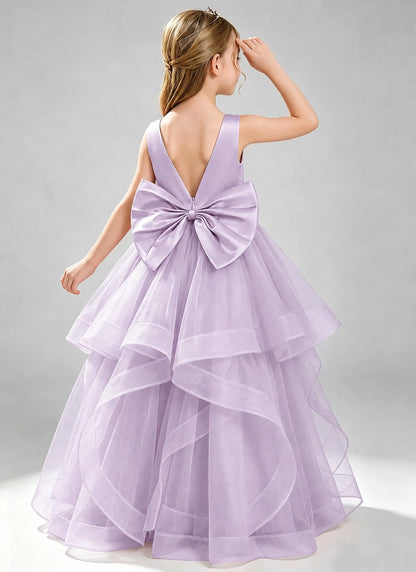 Lilac Flower Girl Dress Layered Tulle Princess Ball Gown Back View