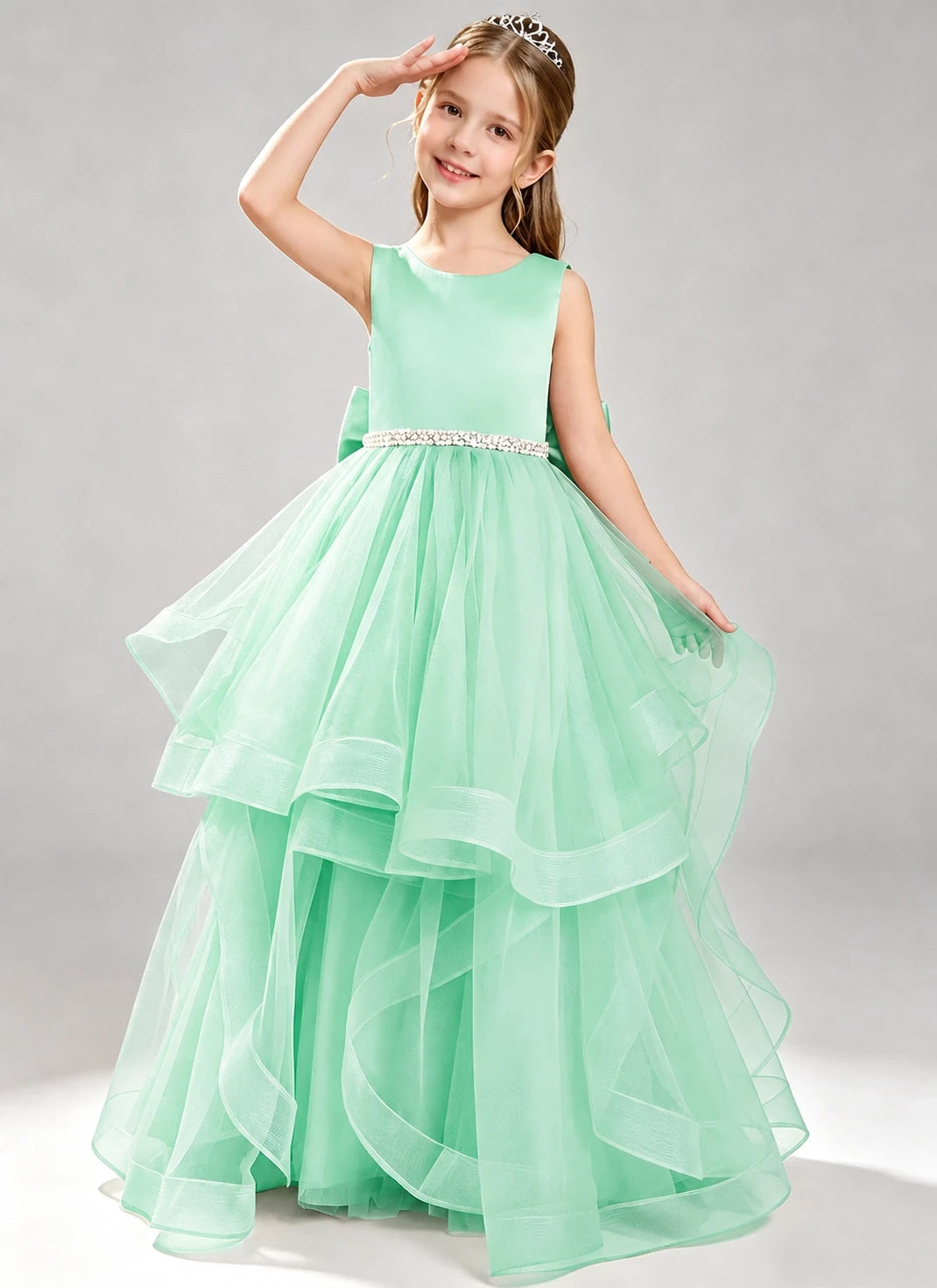 Mint Green Flower Girl Dress Layered Tulle Princess Ball Gown Front View