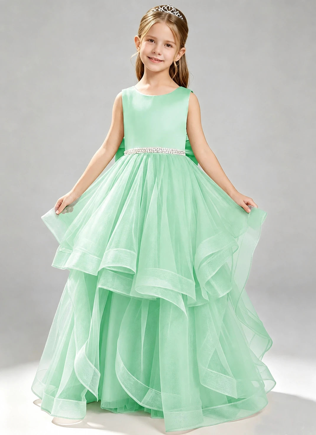 Mint Green Flower Girl Dress Layered Tulle Princess Ball Gown Front View