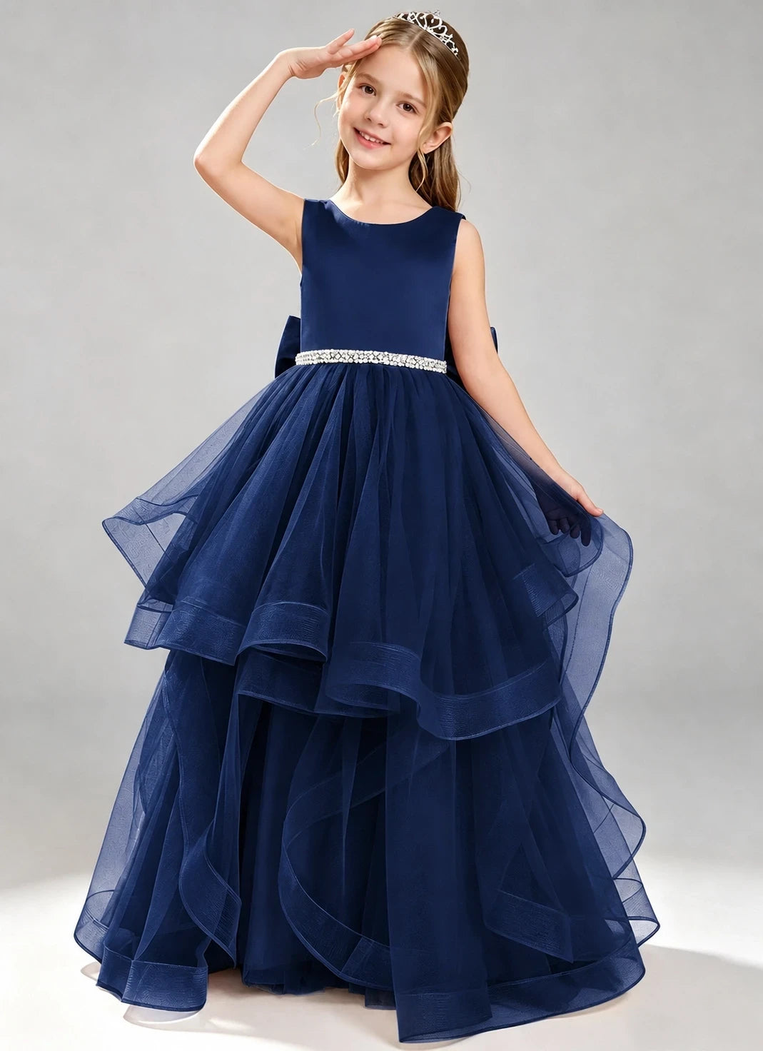Navy Blue Flower Girl Dress Layered Tulle Princess Ball Gown Front View
