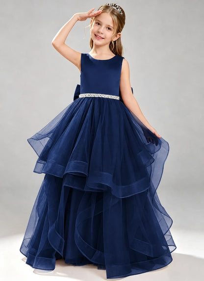 Navy Blue Flower Girl Dress Layered Tulle Princess Ball Gown Front View