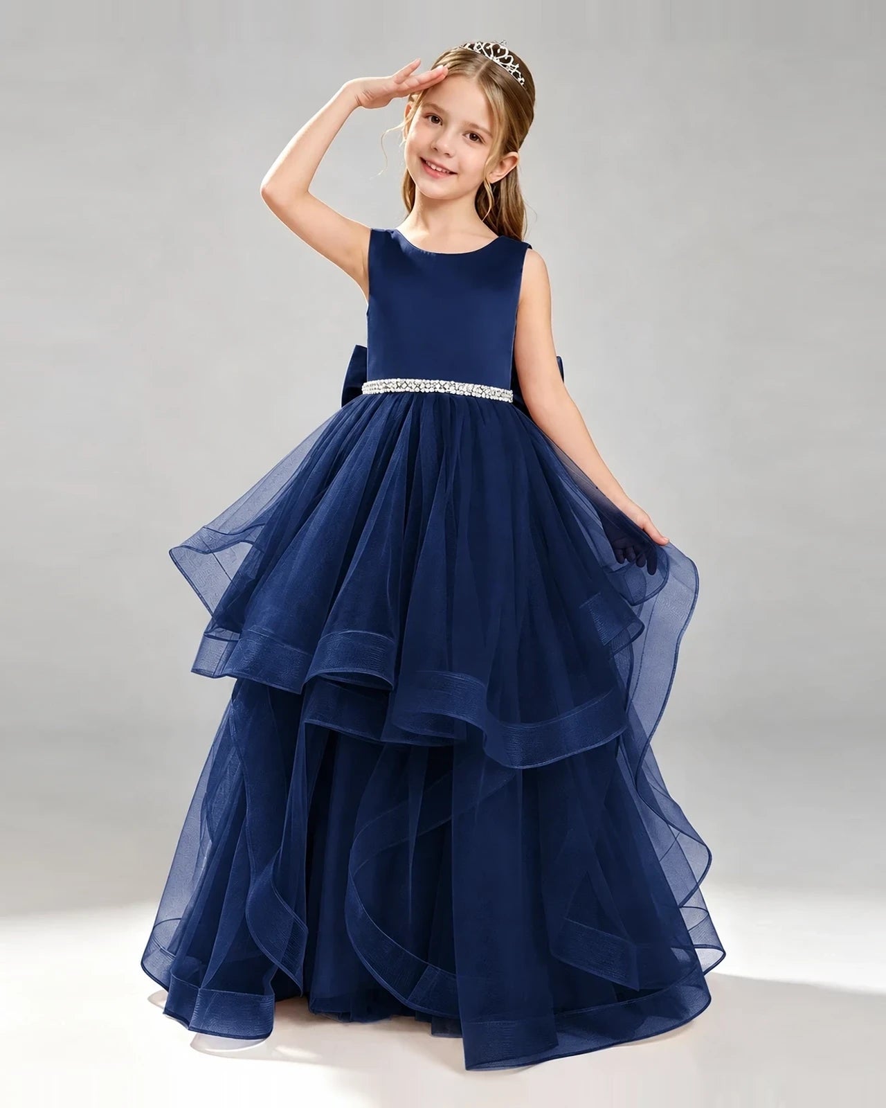 Navy Blue Tulle Ball Gown Pageant Dress Front View