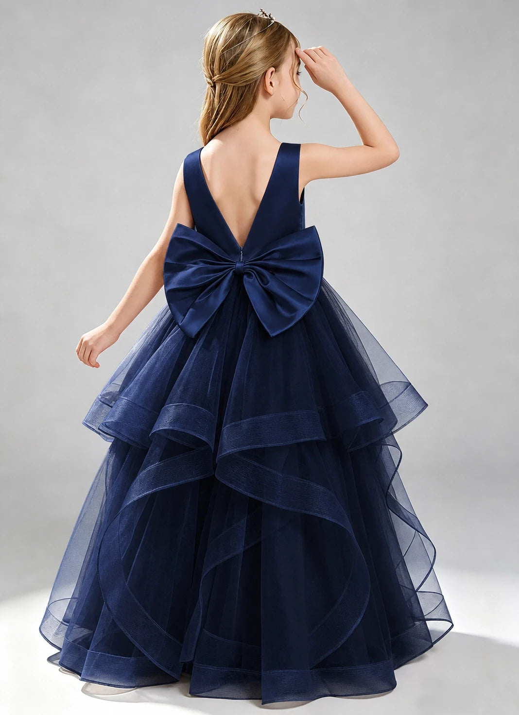 Navy Blue Flower Girl Dress Layered Tulle Princess Ball Gown Back View