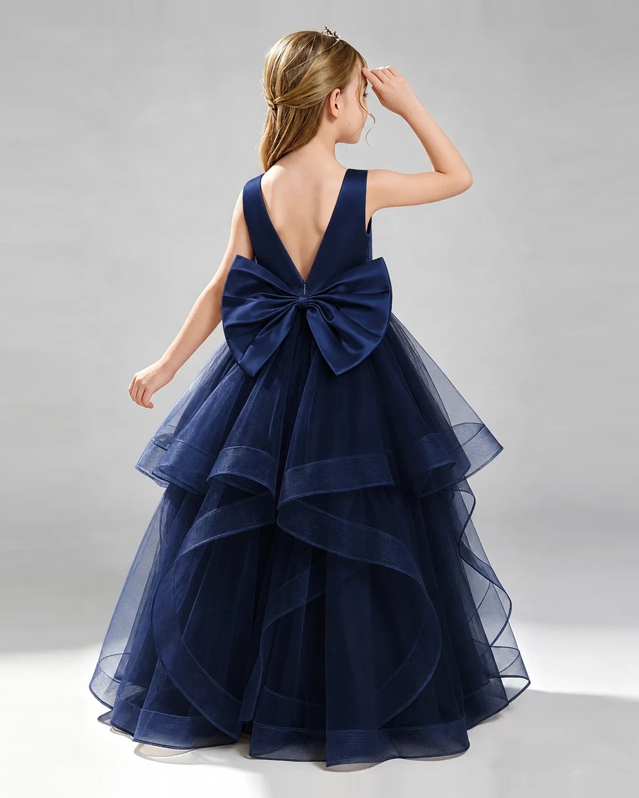 Navy Blue Tulle Ball Gown Pageant Dress Back View