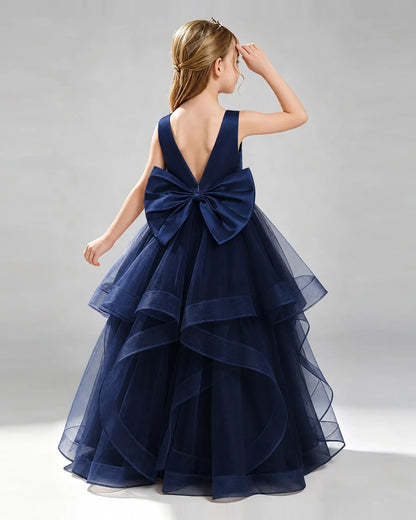 Navy Blue Tulle Ball Gown Pageant Dress Back View